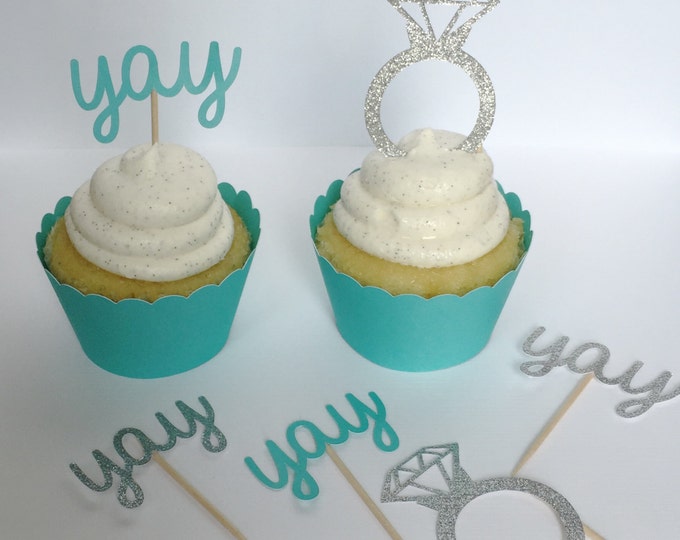 24 Diamond Cupcake Toppers and Wrappers. Glitter Yay Cupcake wrapper. Diamond Cupcake or Donut topper Bridal Shower Wedding