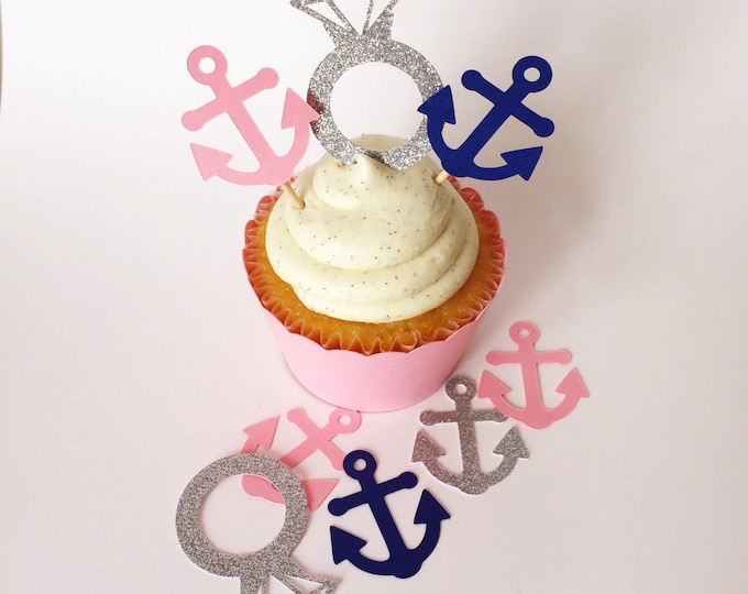 24 Nautical bridal shower cupcake toppers. Nautical engagement party. Nautical wedding cupcake. Anchor cupcake or donut topper.