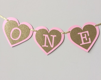 Pink and Gold High Chair Banner. Hearts First Birthday Decorations. ONE High Chair Banner. Pink and Gold Party. Little Pr