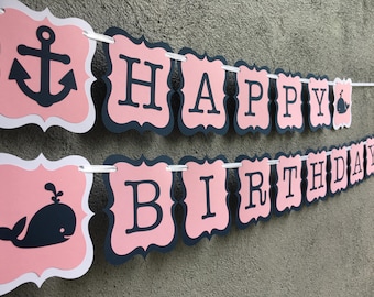 Nautical birthday banner, whales birthday banner, pink and blue banner