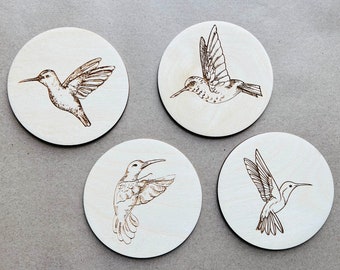 set of 4 wood coasters, hummingbird gift, hummingbird coasters, bird lover gift, hummingbird decor