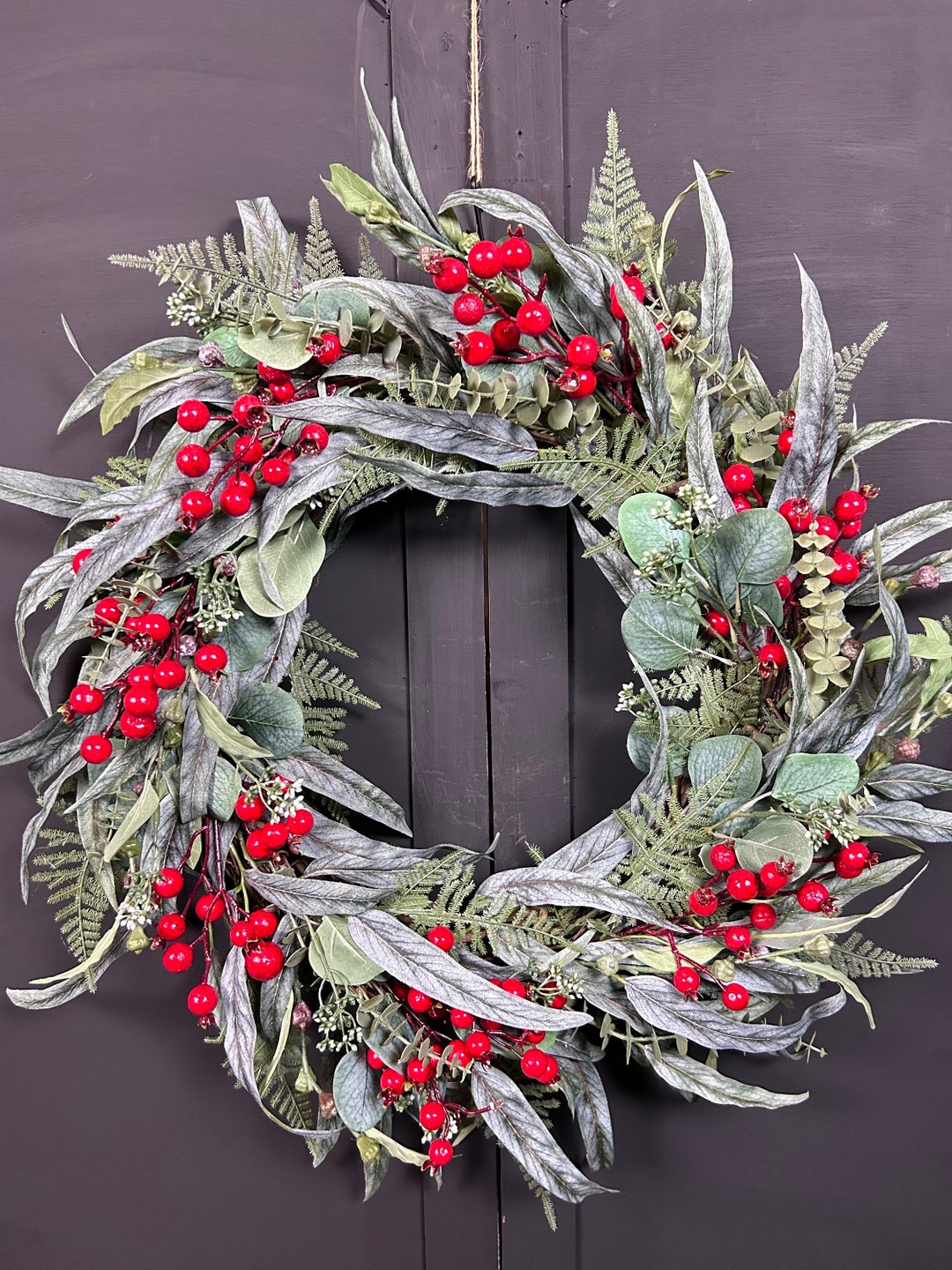 Christmas Wreath, Eucalyptus, Lambs Ear and Red Berries Wreath for ...