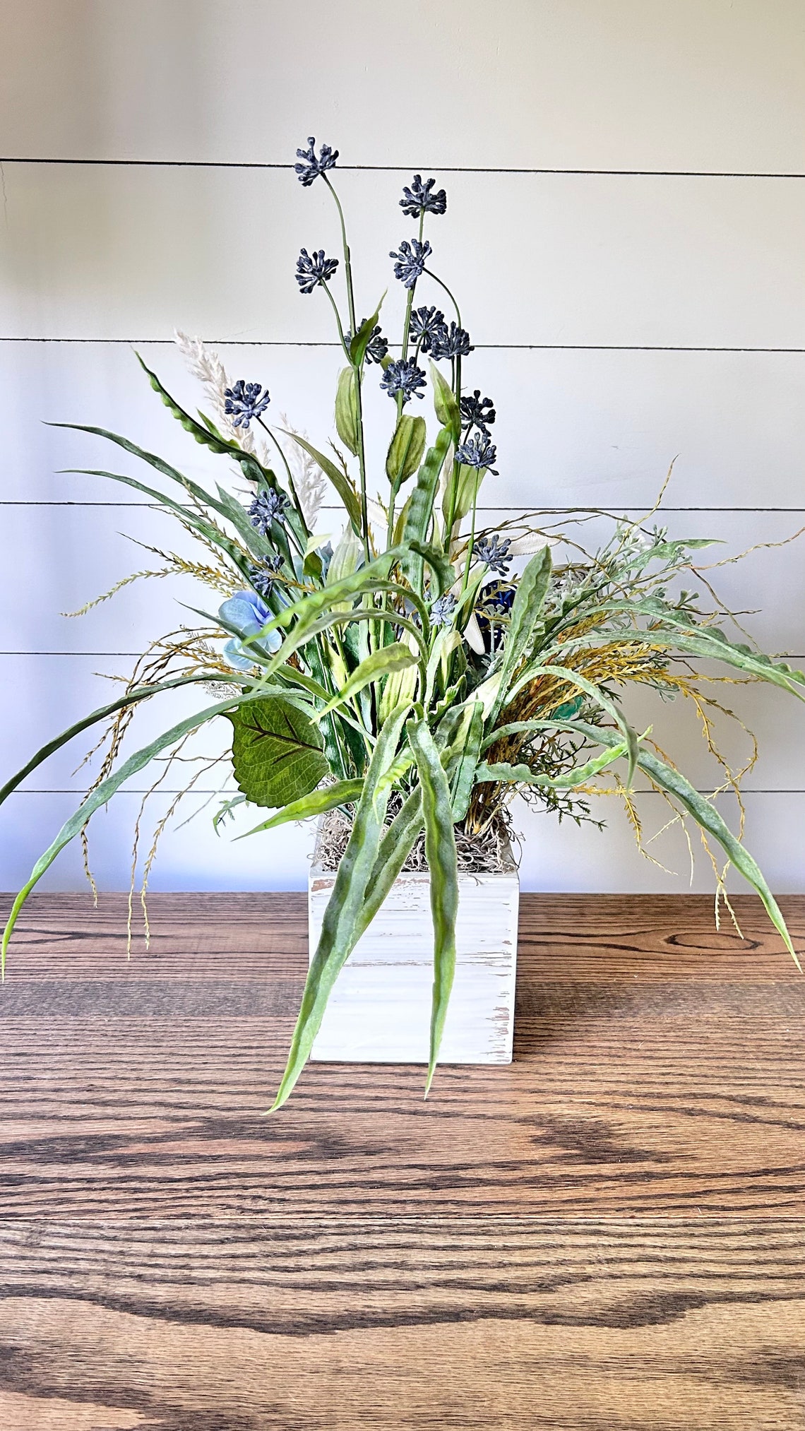 Coastal Flower Centerpiece, Teal Blue and White Floral Arrangement