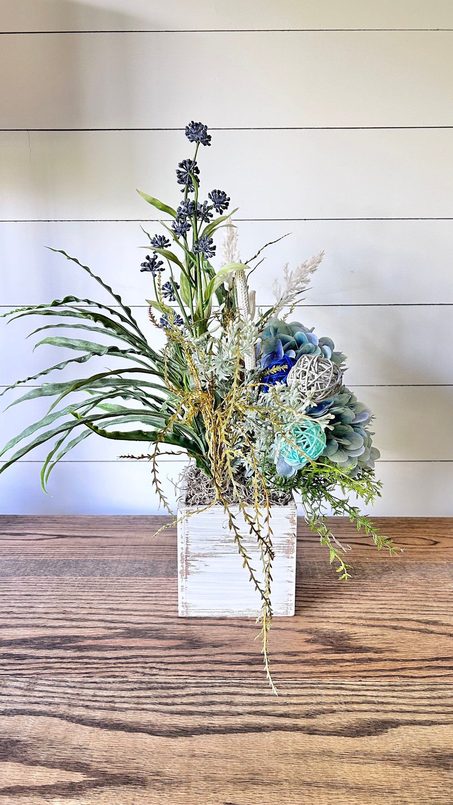 Coastal Flower Centerpiece, Teal Blue and White Floral Arrangement