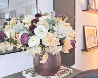 Modern farmhouse floral, burgundy and white artificial flower arrangement in a metal vase