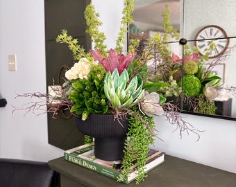 Artificial succulents in a black planter, artificial succulent centerpiece