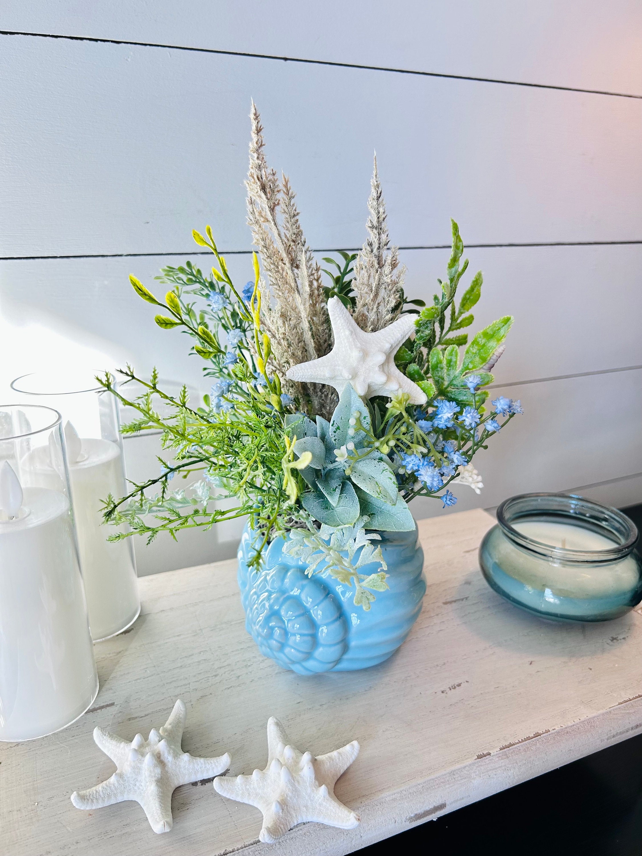 Coastal Flower Centerpiece, SMALL Blue Sea Shell Planter and Starfish
