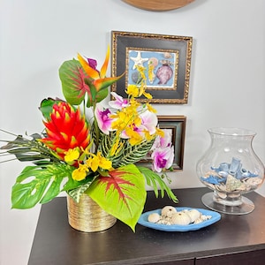 Tropical artificial floral arrangement, tropical orchids centerpiece, tropical coastal arrangement