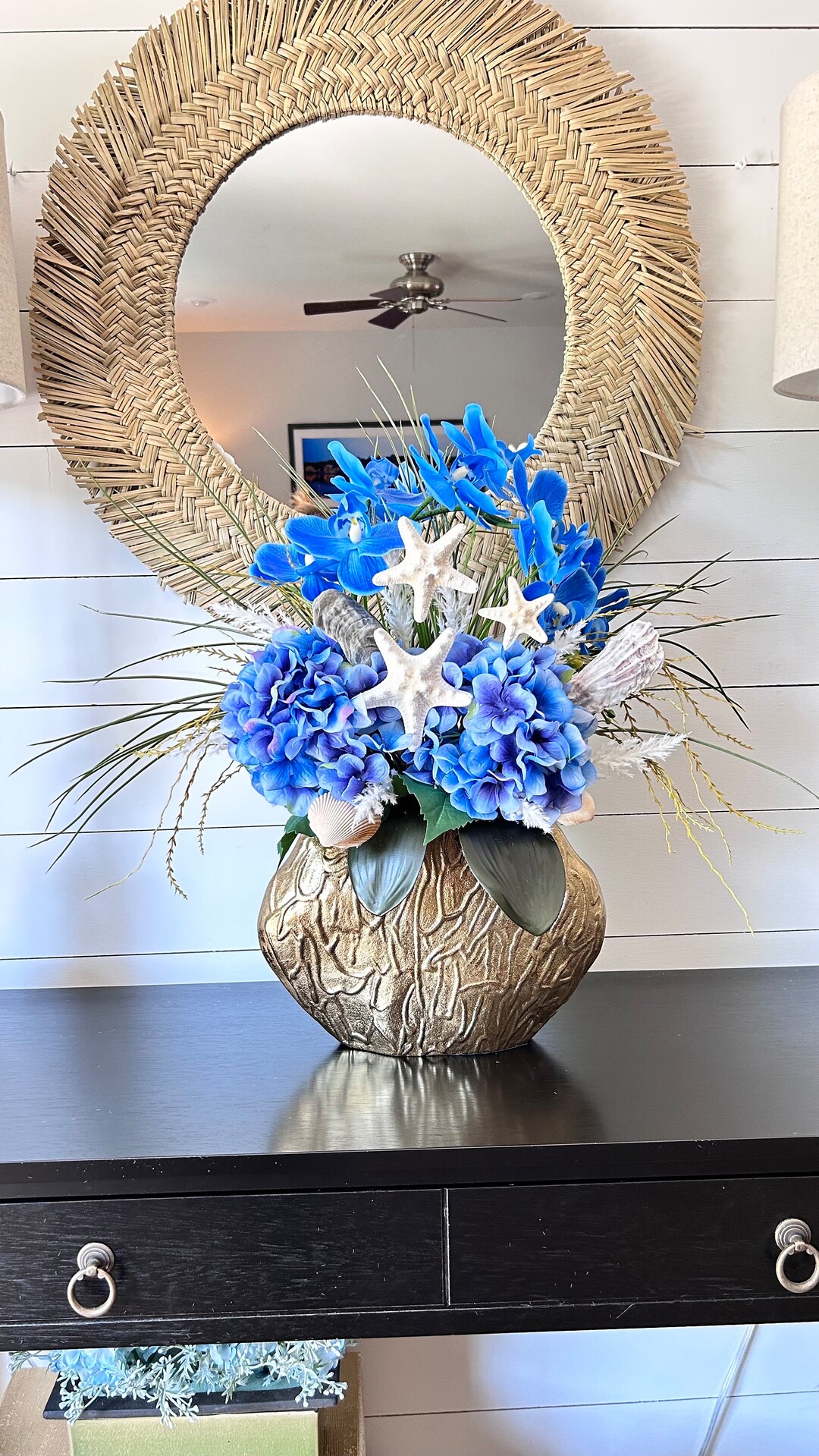 Coastal Blue Orchid and Hydrangea Flower Centerpiece ,beach Coastal