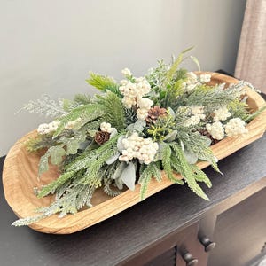 Snowy Christmas dough bowl filler, winter centerpiece for table, snowy flocked Christmas floral arrangement, Christmas dough bowl filler