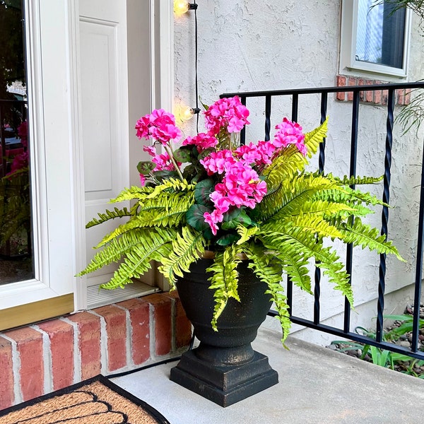 Faux plant urn filler, spring and summer front porch urn drop in centerpiece, pink geraniums and ferns  front porch floral arrangement