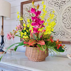 Tropical artificial floral arrangement, tropical orchids centerpiece, tropical coastal arrangement