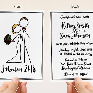 Custom Wedding Invitation with Envelopes - Digitally Hand Drawn Flat Double Sided Card - Custom Stick Figure Portrait Couple Bride Groom