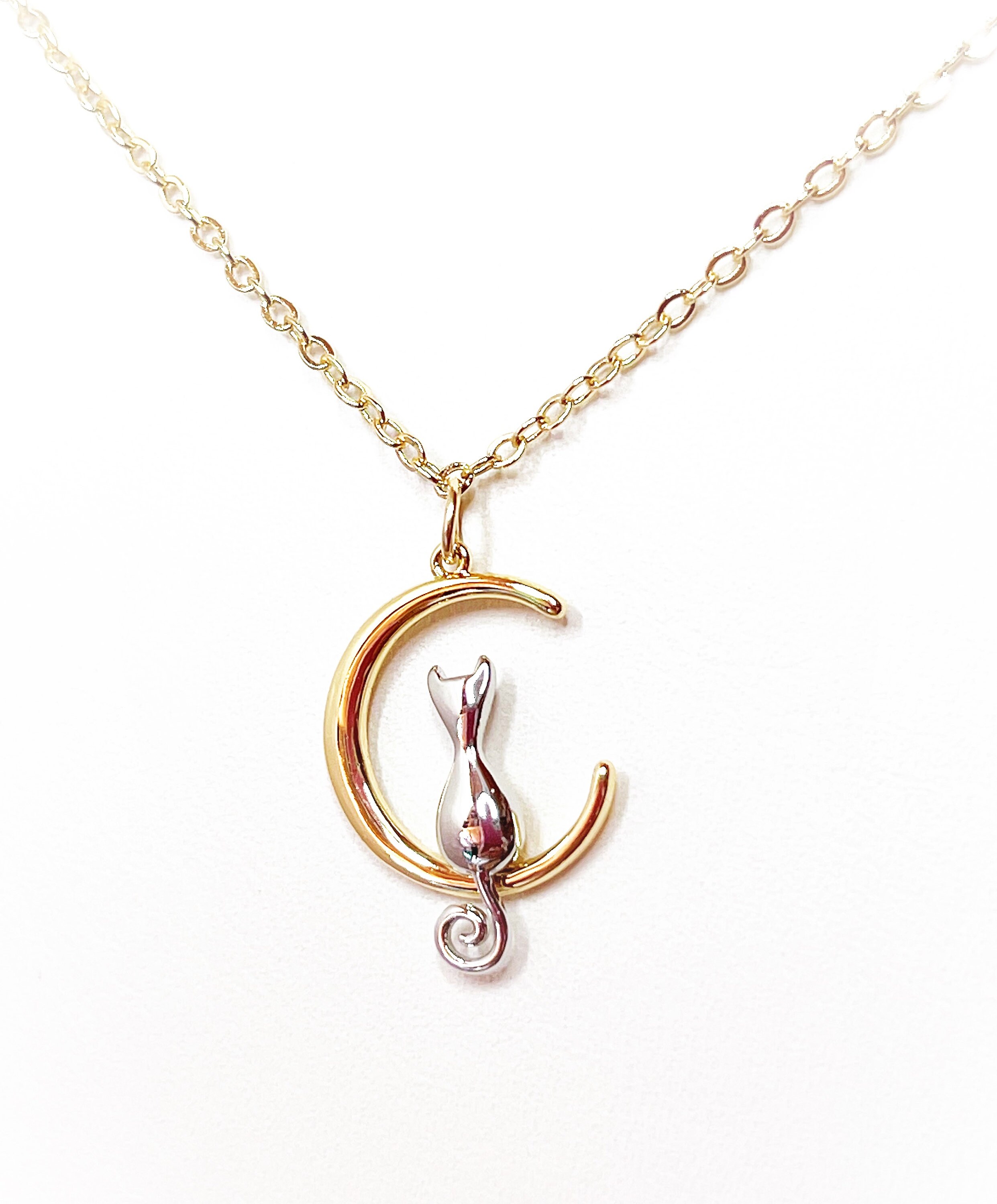 14kt Gold Cat Pendant, Cat on the Moon Necklace, Dainty Cat Jewellery, Animal Lovers, Pet Lovers, Minimalist Pendant, Necklace for Women