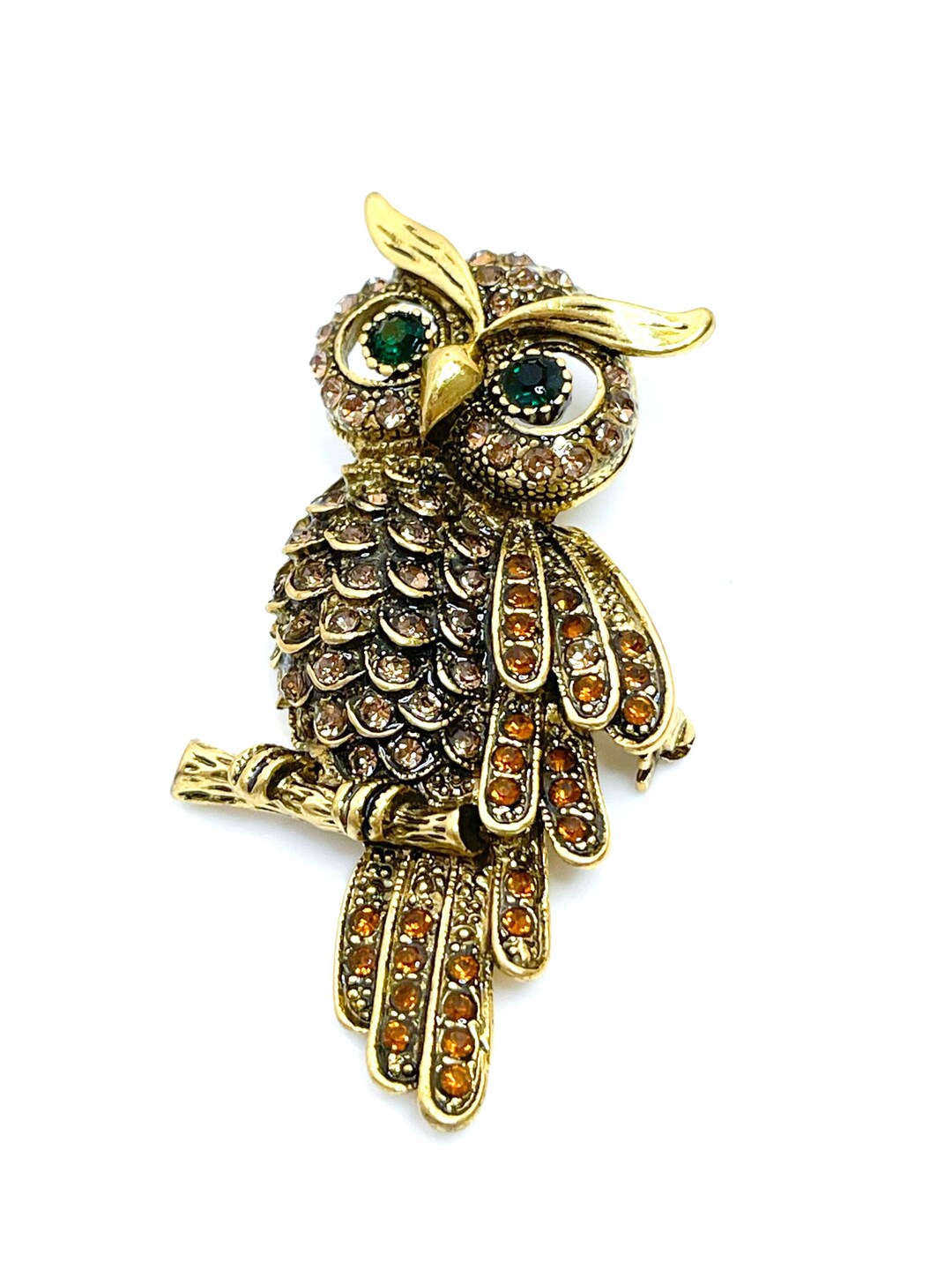 Antique Gold Vintage Owl Brooch Rhinestone Crystal Pin Wise Etsy UK