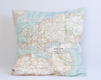 World map pillow cover, atlas cushion cover, throw pillow cover, wanderlust pillow, wedding gift, gift for her, different sizes