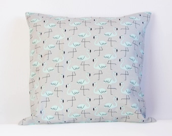 Flamingo pillow cover, gray and teal cushion cover, bird pillow cover, nursery decor, cute throw pillow