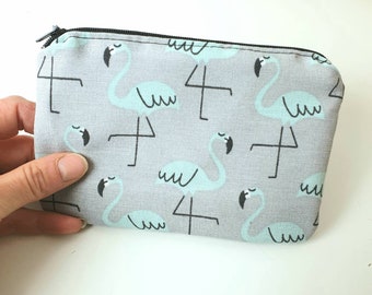 Flamingo pouch, small pouch with zipper, gray green zipper pouch, flamingo purse, make up organizer