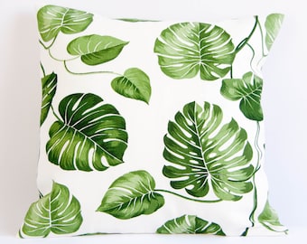 Monstera pillow cover, plant print cushion cover, botanical pillow case,  green and white throw pillow cover, leaf pillow cover