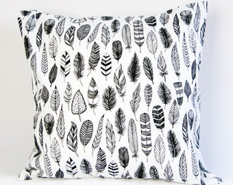 Feather pillow cover, black and white cushion cover, monochrome pillow cover, bohemian nursery decor, hobo throw pillow, monochrome feather