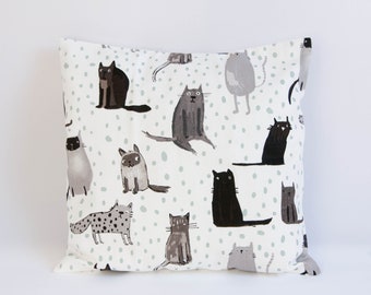 Cat pillow cover, cat prints, feline cushion cover, throw pillow cat, gift for a cat lover