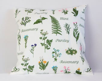 Botanical pillow cover, herbal cushion cover, nursery decor, plant throw pillow, green, parsley, mint, rosemary