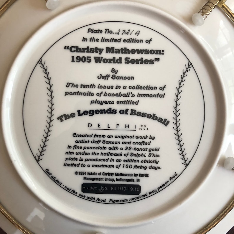 22kt Gold Rim Christy Mathewson The Legends of Baseball Collectible Plate 1905 World Series
