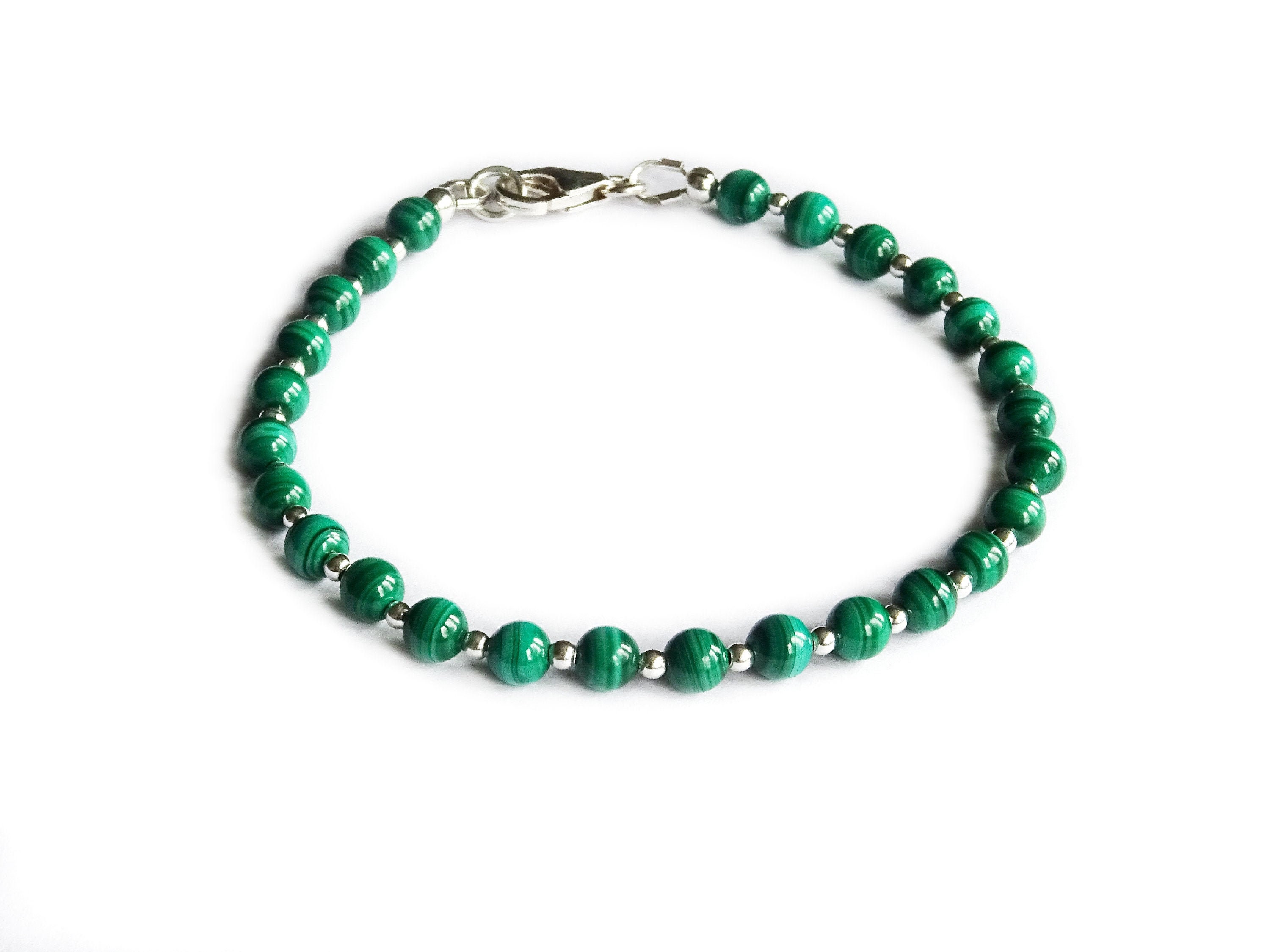 Malachite Bracelet 925 Sterling Silver Beads A Grade Etsy