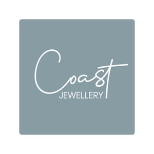 May include: A light blue square with the word "Coast" written in white cursive script. Below the word "Coast" is the word "Jewellery" in white text.