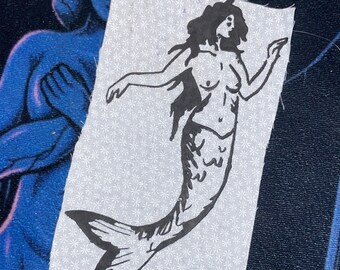 mermaid fairycore patch WHITE/BLACK ethereal fantasy sirencore 7x4 in printed screen print sew on fabric patch