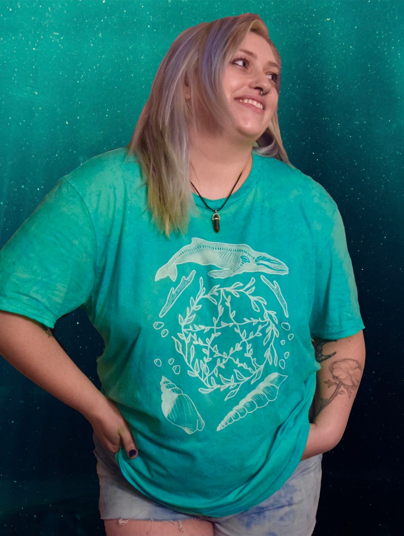 Whale skeleton seaweed pentagram hand dyed printed witchy inspired tshirt men\u2019s women\u2019s unisex