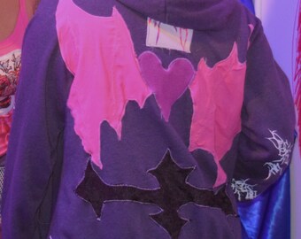 sz xlarge zip up goblin heart wings blue hoodie patchwork one of a kind goth weird drain core aesthetic