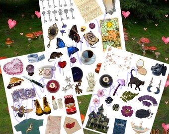 40+ collage / sticker print out 3 pages for journaling scrapbooking bullet journals aesthetic pictures cottage fairy witchy goth stickers