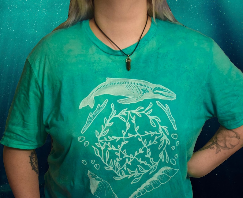Whale skeleton seaweed pentagram hand dyed printed witchy inspired tshirt men\u2019s women\u2019s unisex