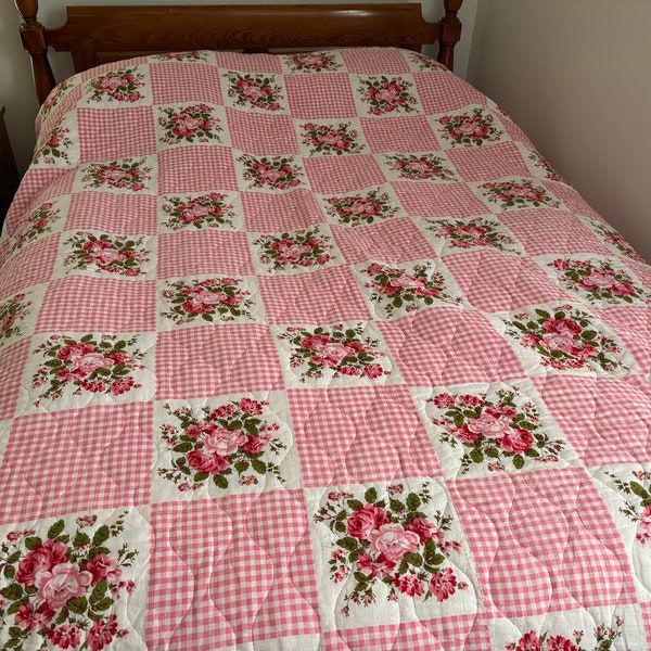 Vintage 70's Double Sided Pink Gingham and Roses Quilt Blanket Bedspread Twin 74x95