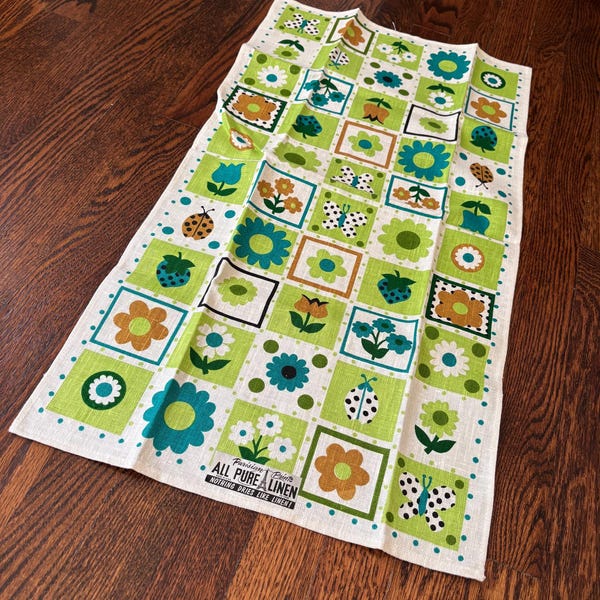 Vintage UNUSED Tea Towel Parisian Prints Green Floral
