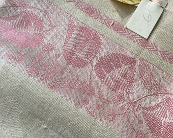 Vintage Linen Pink Cream Leaf Motif Damask Tablecloth 55x68 Rectangular UNUSED Russia USSR