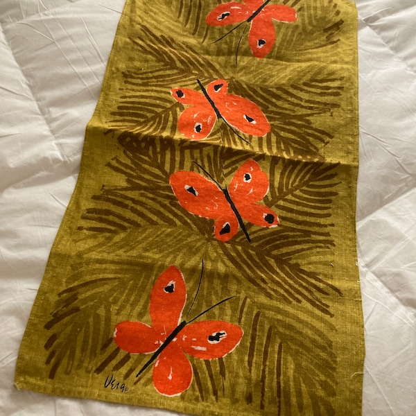 Vintage Vera Neumann Orange Butterflies on Gold Ferns Tea Towel