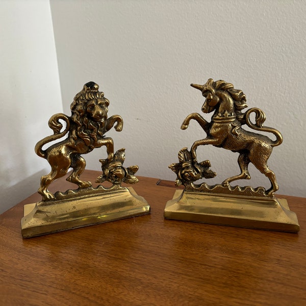 Vintage Antique Brass Book Ends Roses Lion Unicorn