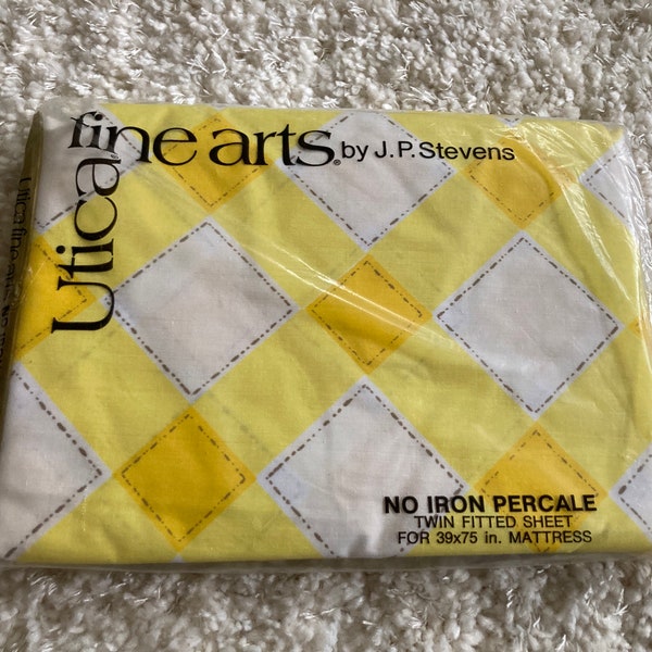 Vintage JP Stevens Utica Yellow White Gingham 50/50 Twin Size Fitted Sheet NIP NOS Iris Patch