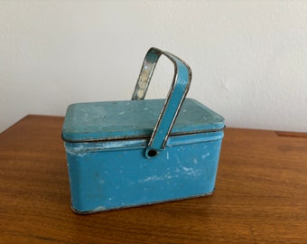 Vintage Small Blue Rectangular Hinged Top Tin with Handle