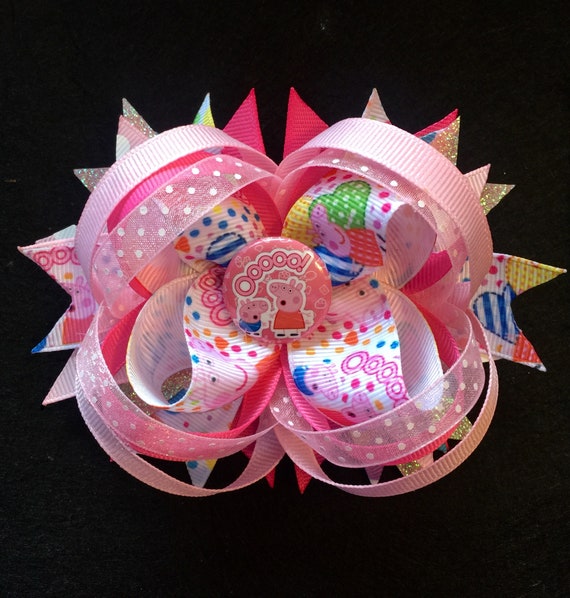 PEPPA PIG INSPIRED GIRLS HAIR BOW CLIP HANDMADE BOUTIQUE RIBBON STACKED