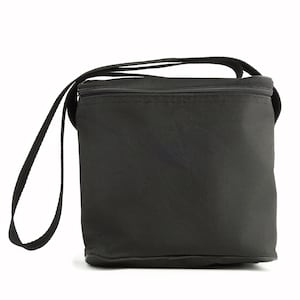 May include: Black insulated lunch bag with a shoulder strap. The bag has a zippered top and a rectangular shape. The strap is made of a black woven material. The bag is designed to keep food and drinks cold.