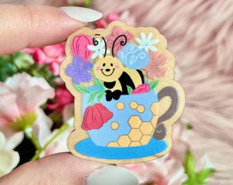 Hunny Bear Wood Pin | Tea Cup Cutie Wood Pin | Wood Pin | Tea Cup Pin | Springtime Gifts | Unique Lapel Pins | Spring Accessories
