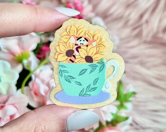 Bouncy Tiger Wood Pin | Tea Cup Cutie Wood Pin | Wood Pin | Tea Cup Pin | Springtime Gifts | Unique Lapel Pins | Spring Accessories