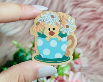 Duckling Wood Pin | Tea Cup Cutie Wood Pin | Wood Pin | Tea Cup Pin | Springtime Gifts | Unique Lapel Pins | Spring Accessories