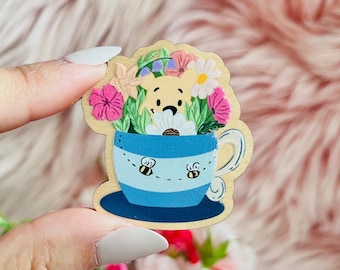 Hunny Bear Wood Pin | Tea Cup Cutie Wood Pin | Wood Pin | Tea Cup Pin | Springtime Gifts | Unique Lapel Pins | Spring Accessories