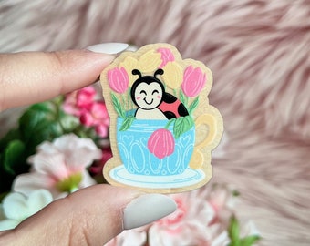 Lady Bug Wood Pin | Tea Cup Cutie Wood Pin | Wood Pin | Tea Cup Pin | Springtime Gifts | Unique Lapel Pins | Spring Accessories