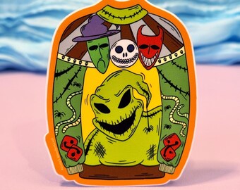May include: A sticker featuring a green Oogie Boogie character with a large grin, surrounded by other characters from the movie. The sticker has an orange border and is set against a blue and pink background.