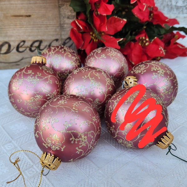 Christmas by Krebs Rose, Pink and Gold Ball Glass Christmas Ornaments Set of 6, West Germany, Nice Vintage Condition